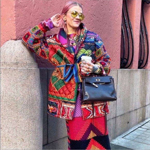 Farm Rio Patchwork Tapestry Crochet Puffer Jacket - Picture 5 of 13